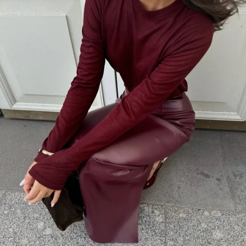 Women Elegant Burgundy Skirt High Waist Slim Fashion Slit Long Skirts