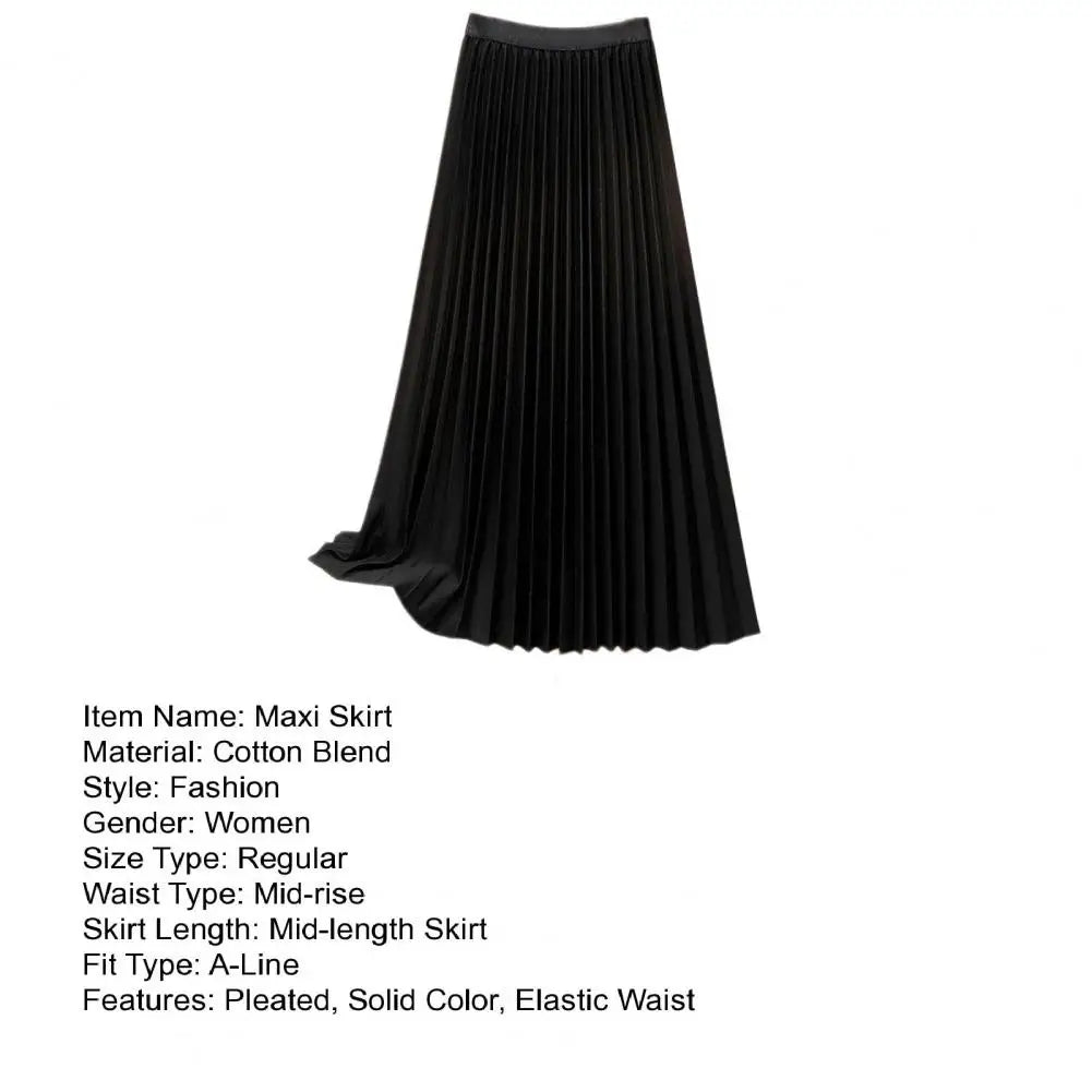 Women Maxi Skirt Casual Elastic High Waist Pleated Skirt Solid Color Smooth Satin A-Line Skirt Women's Clothing For Daily Wear