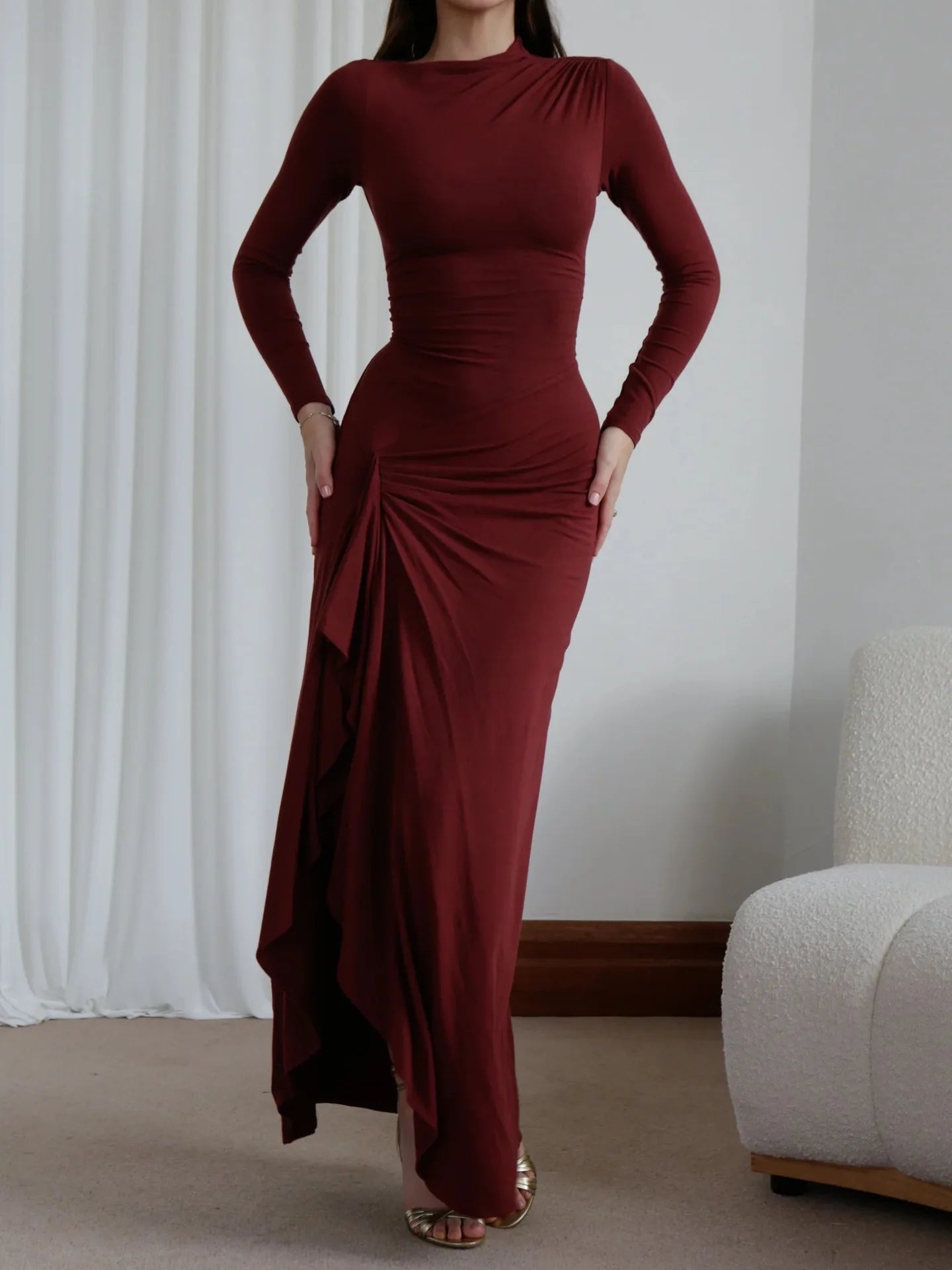 Elegant White Ruched Dresses Womens Long Sleeve Curvy Slit Evening Luxury Party Dress Winter Evening Black Gowns Red Prom