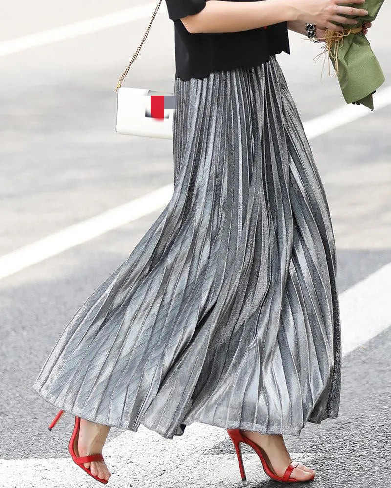 Check Skirt Pleated Maxi Skirt High Waist Harajuku Large Swing Gold Long Skirts