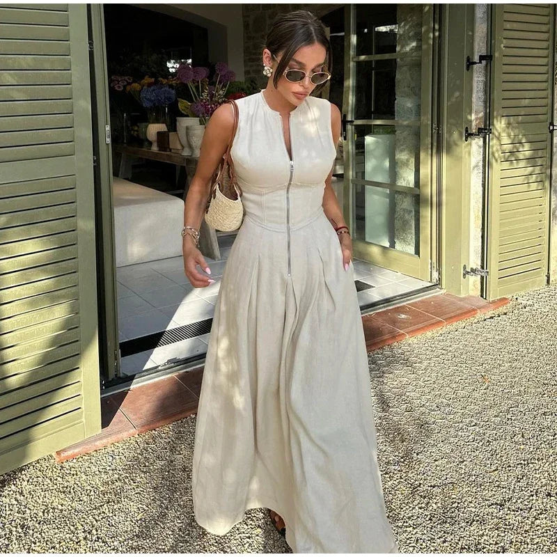 Sleeveless Spliced Zipper Maxi Summer Dress Women Elegant High Waist Slim Pleated Long Dresses Office Lady Street Robes Female