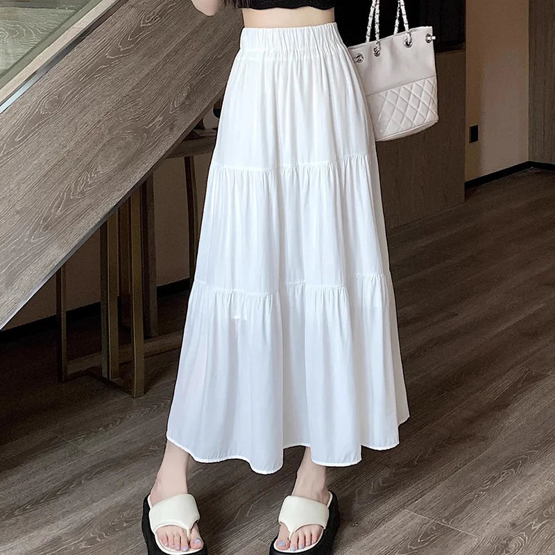 Summer Women High Waist Elastic Patchwork Chic Long Cake A-Line Skirts Casual Elegant All-Match Solid Big Swing Pleated Skirt