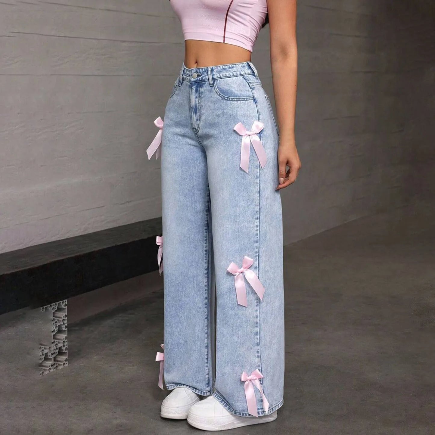 Jeans For Women High Quality High Waist American Wide Leg Pants Bow Embroidery