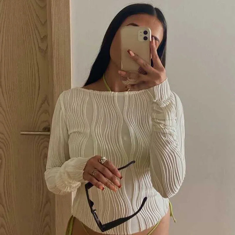 Woman Fashion Casual Ruched Long Sleeve T-shirt Blouses Female White Skinny Cropped Bottoming Shirt Autumn Y2K Top Clothes