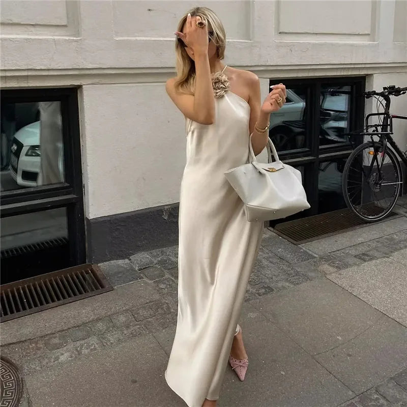 Flower Satin Long Dress Women Off Shoulder Halter Backless Dress Woman Summer Elegant Party Dresses Sexy Evening Dresses