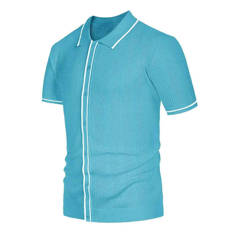 Summer Ice Silk Men Hollow Polo Shirt Breathable Soft Knit Shirt Top Men's Short-sleeved Tee