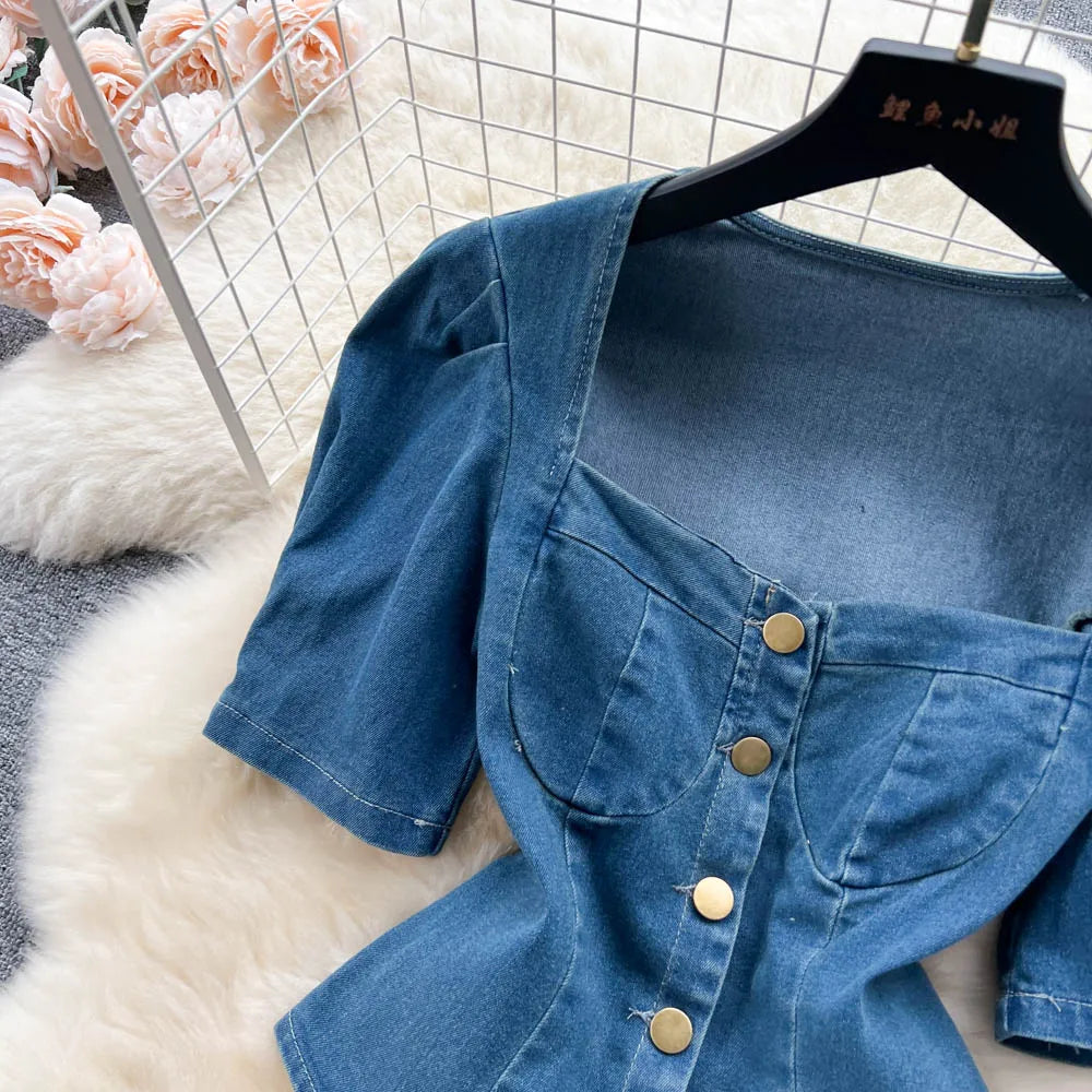 Western Style Denim Dress Set Women Suit New Sexy Retro Square Collar Puff Short Sleeve Shirt Top + High Waist A-line Long Skirt