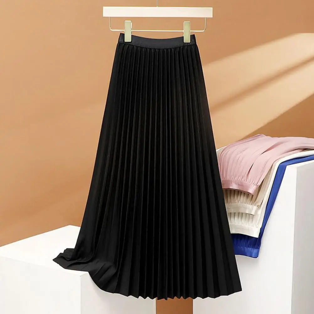 Women Maxi Skirt Casual Elastic High Waist Pleated Skirt Solid Color Smooth Satin A-Line Skirt Women's Clothing For Daily Wear