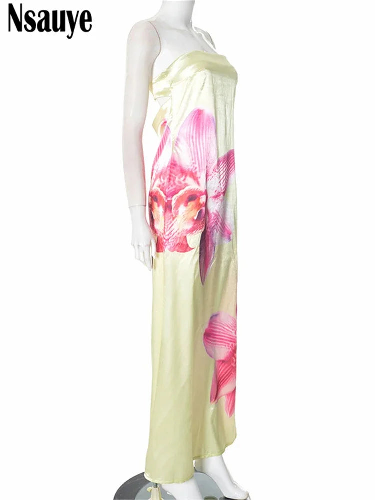 New Women Off Shoulder Long Dresses Spring Summer Holiday Floral Print Y2K Satin Beach Party Evening Strapless Dress