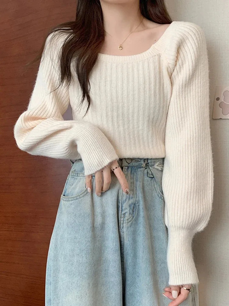 Women Sweaters Casual Soft Long Puff Sleeve Pullovers Jumpers Knitwear Basic Sweater For Women Tops