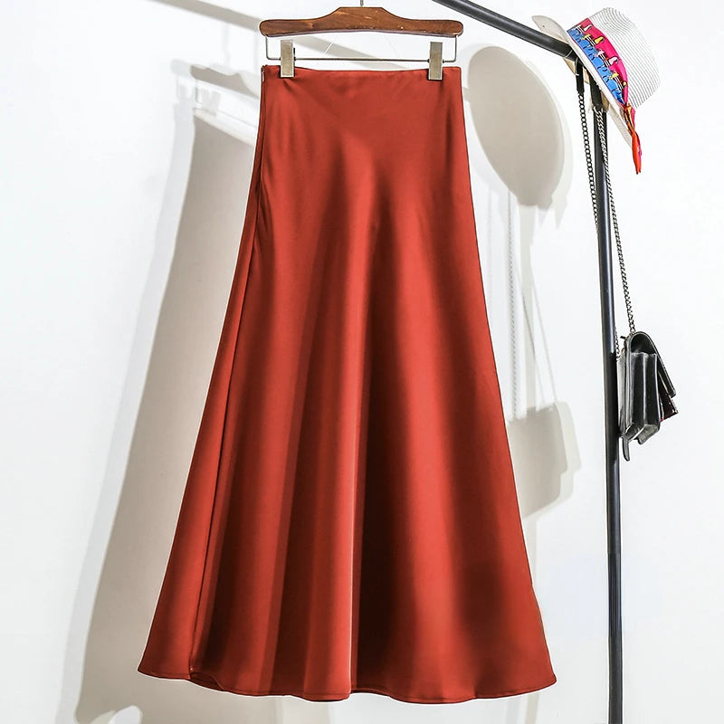 New Fashion Satin Skirt Office Lady Elastic Waist Solid Champagne Purple Red Silk A-LINE Skirt for Women