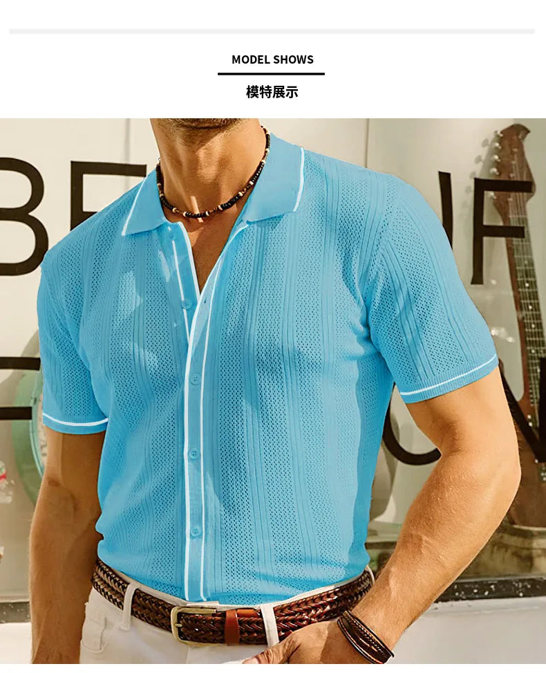 Summer Ice Silk Men Hollow Polo Shirt Breathable Soft Knit Shirt Top Men's Short-sleeved Tee