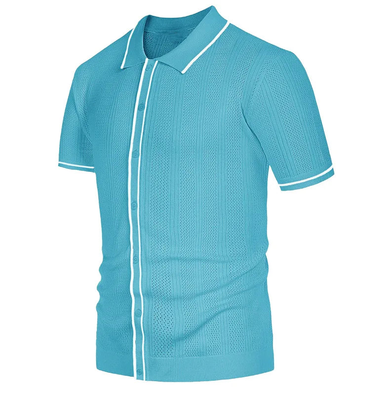 Summer Ice Silk Men Hollow Polo Shirt Breathable Soft Knit Shirt Top Men's Short-sleeved Tee