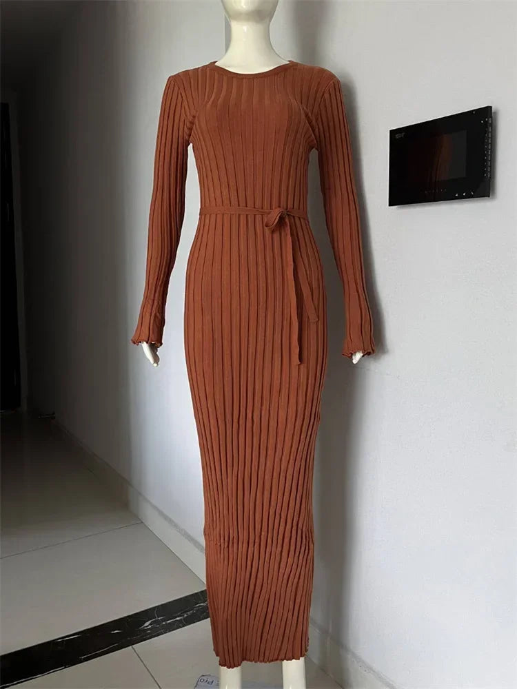 Lace-Up Female Knit Maxi Dress High Waist Fashion Patchwork Long Sleeve Loose Solid Dress Bandage Knitwear Dress