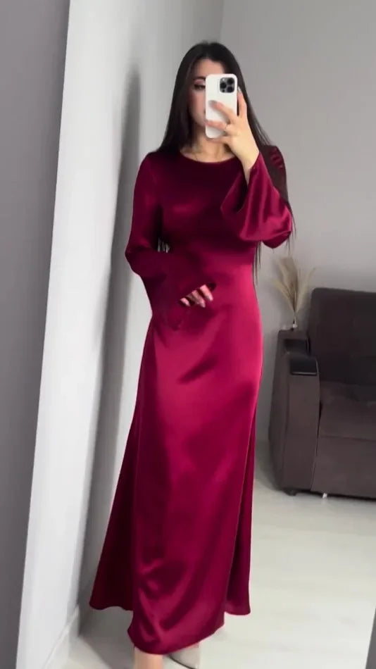 Long Dresses  New Lace Up Waist Slimming Lace Wine Red Color  Sleeved British Style Elegant Dresses for Women