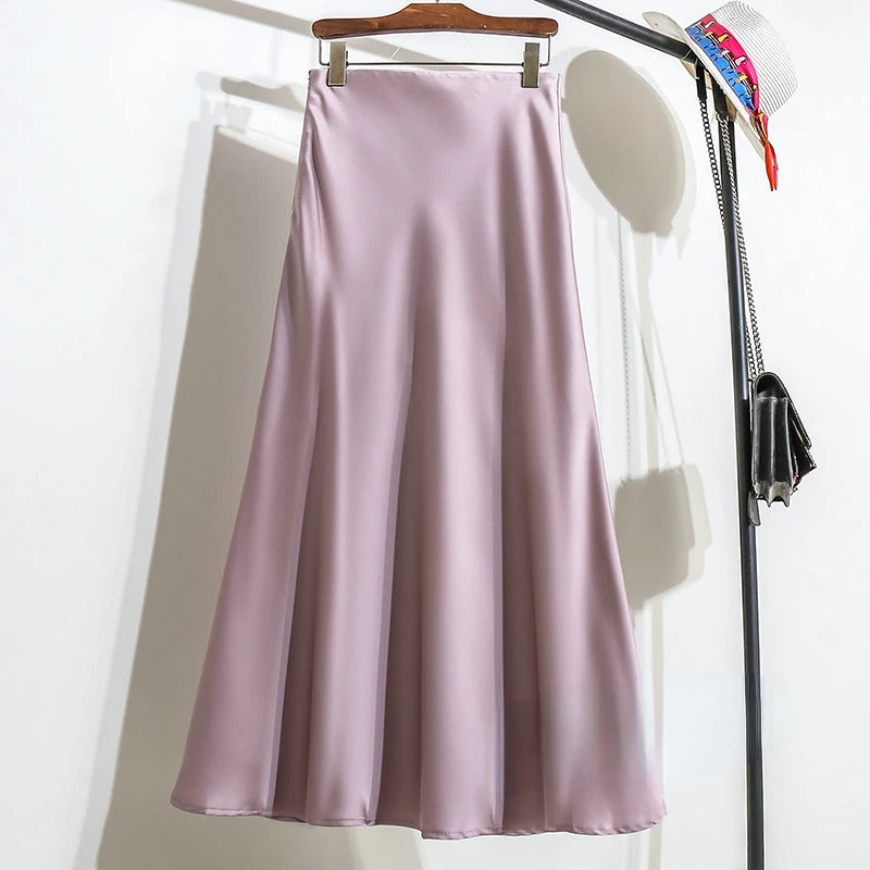 New Fashion Satin Skirt Office Lady Elastic Waist Solid Champagne Purple Red Silk A-LINE Skirt for Women