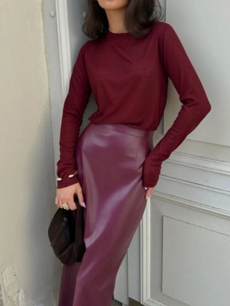 Women Elegant Burgundy Skirt High Waist Slim Fashion Slit Long Skirts