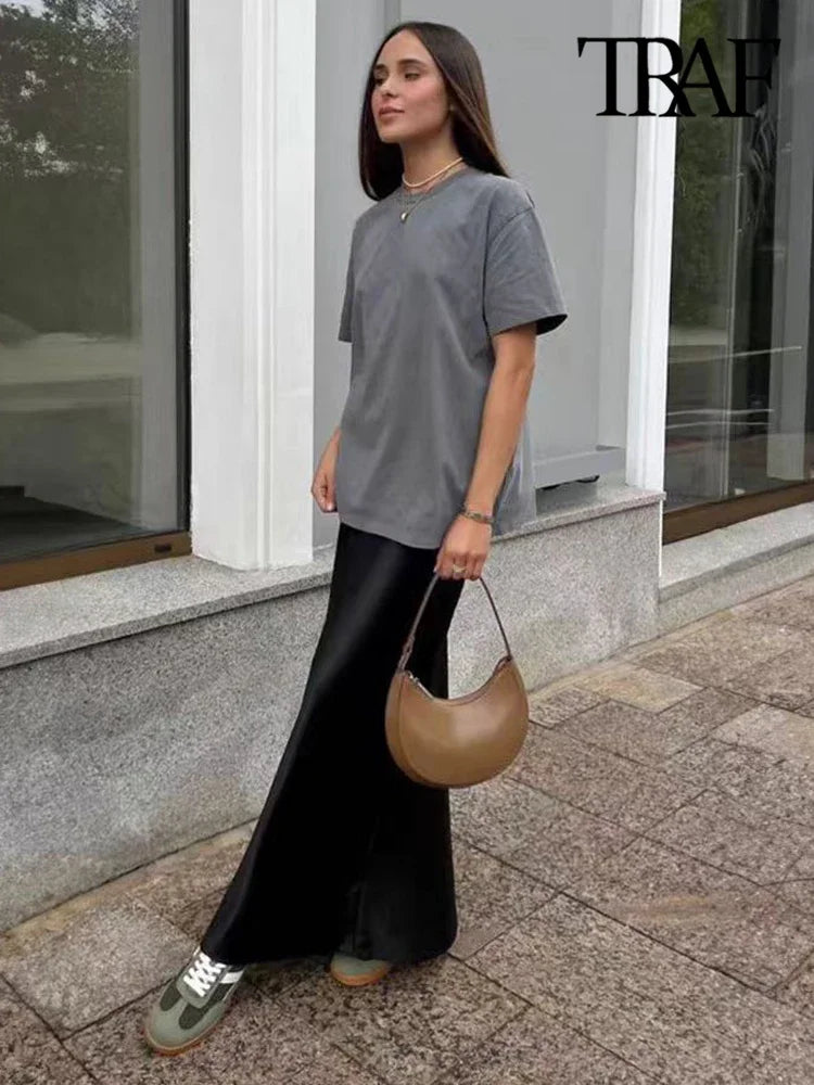 Women's Flowing Satin Midi Skirt, High Waist With Elastic Waistband, Female Skirts, Chic Fashion