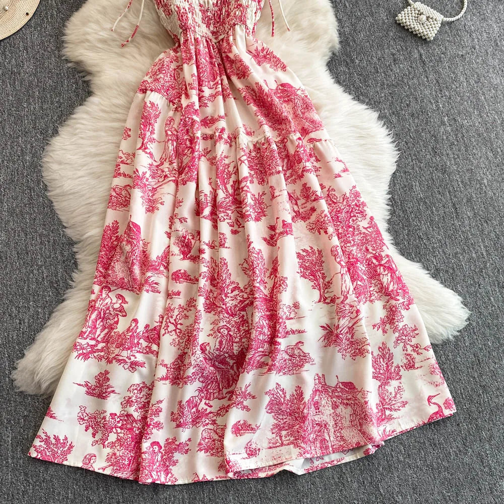 Flower Print Romantic Retro Party Dress Elastic High Waist Vacation Long Dress Beach