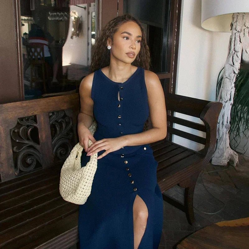 Elegant Knitted Dress For Women Patchwork Pocket Sleeveless High Waist Long Dresses Femme Street Slim Knit Evening Dress