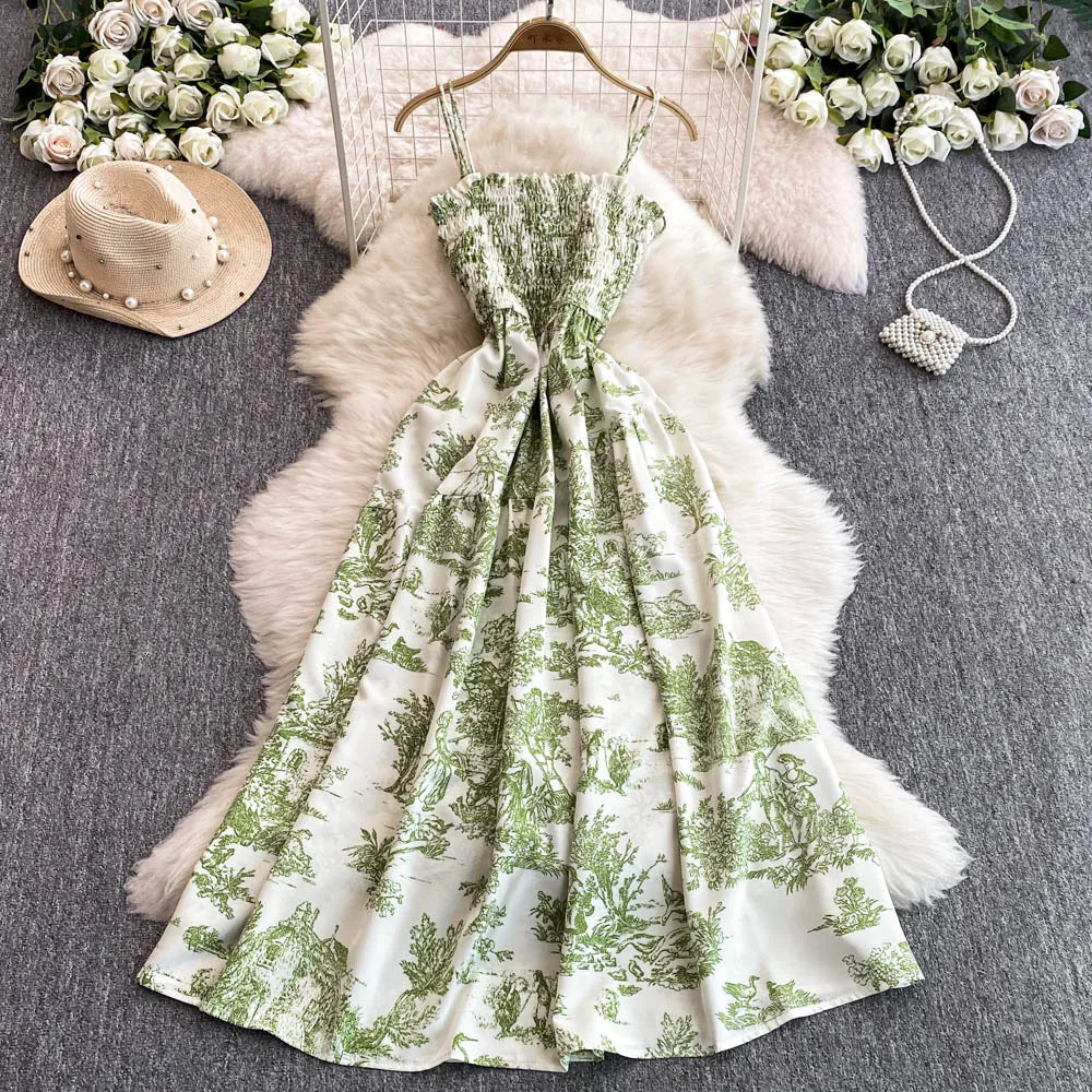 Flower Print Romantic Retro Party Dress Elastic High Waist Vacation Long Dress Beach