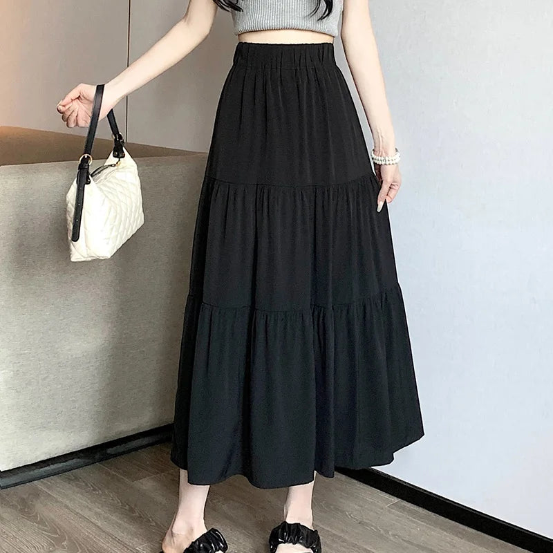 Summer Women High Waist Elastic Patchwork Chic Long Cake A-Line Skirts Casual Elegant All-Match Solid Big Swing Pleated Skirt