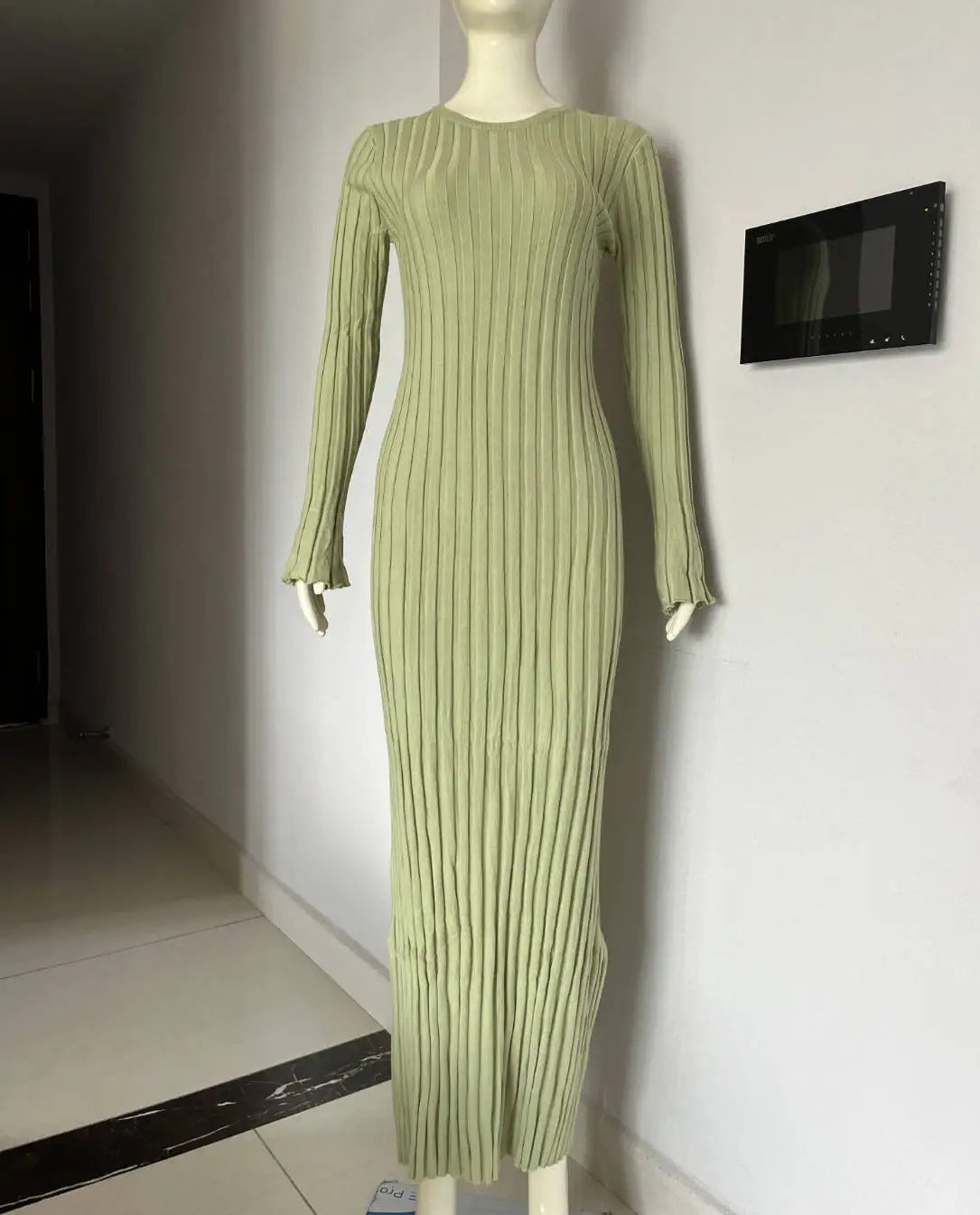 Lace-Up Female Knit Maxi Dress High Waist Fashion Patchwork Long Sleeve Loose Solid Dress Bandage Knitwear Dress