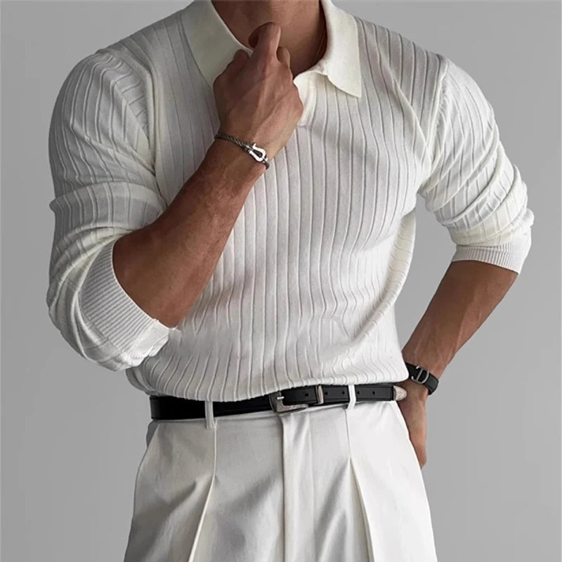 Men's Fashion Luxury V-neck Knitted Jacquard Polo Shirt Solid Color