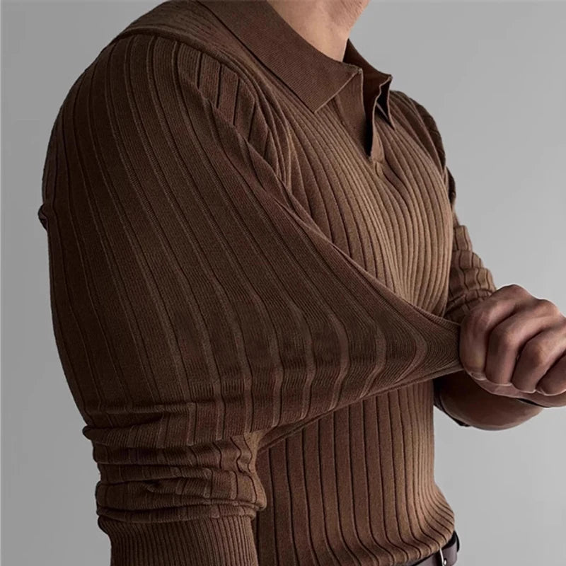 Men's Fashion Luxury V-neck Knitted Jacquard Polo Shirt Solid Color