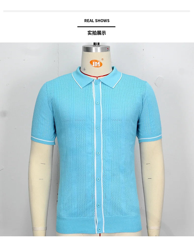 Summer Ice Silk Men Hollow Polo Shirt Breathable Soft Knit Shirt Top Men's Short-sleeved Tee