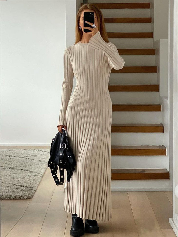 Lace-Up Female Knit Maxi Dress High Waist Fashion Patchwork Long Sleeve Loose Solid Dress Bandage Knitwear Dress