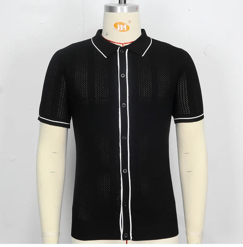 Summer Ice Silk Men Hollow Polo Shirt Breathable Soft Knit Shirt Top Men's Short-sleeved Tee