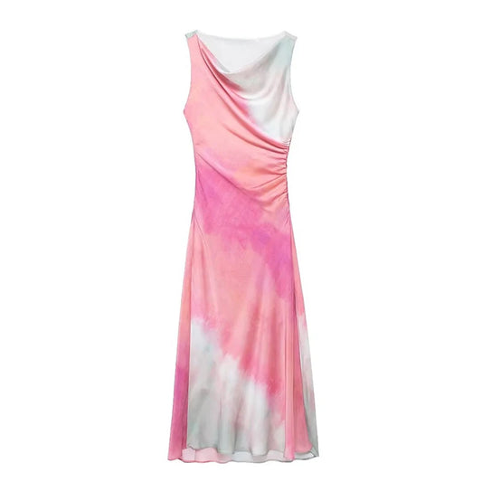 Women Fashion Tie Dye Printed Pleated Side Zipper Slit Midi Dress Vintage Sleeveless Female Chic Lady Dresses