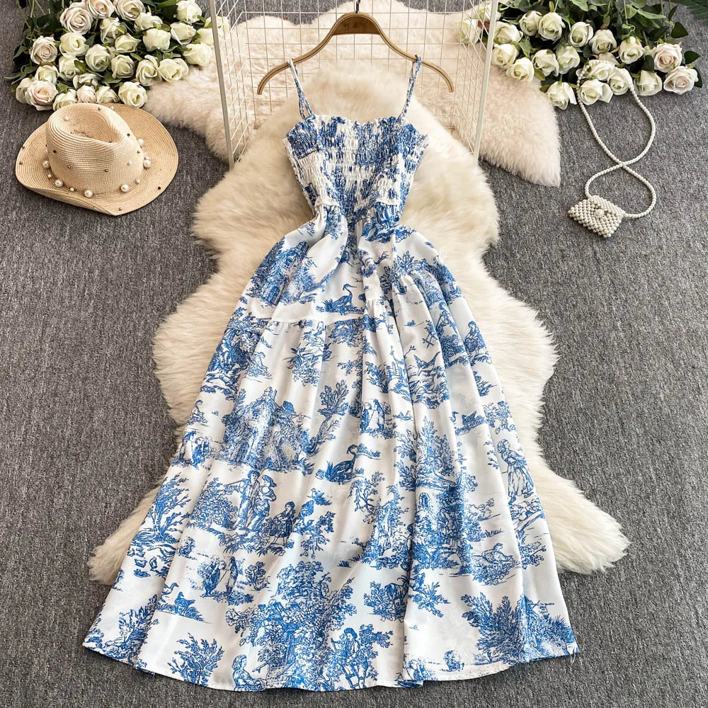 Flower Print Romantic Retro Party Dress Elastic High Waist Vacation Long Dress Beach