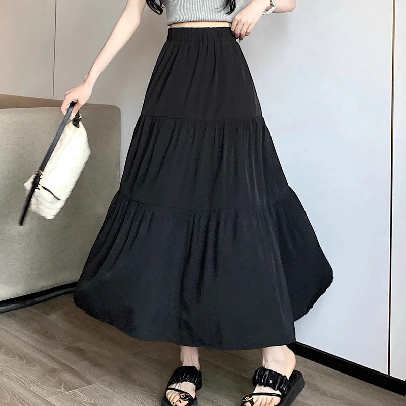 Summer Women High Waist Elastic Patchwork Chic Long Cake A-Line Skirts Casual Elegant All-Match Solid Big Swing Pleated Skirt