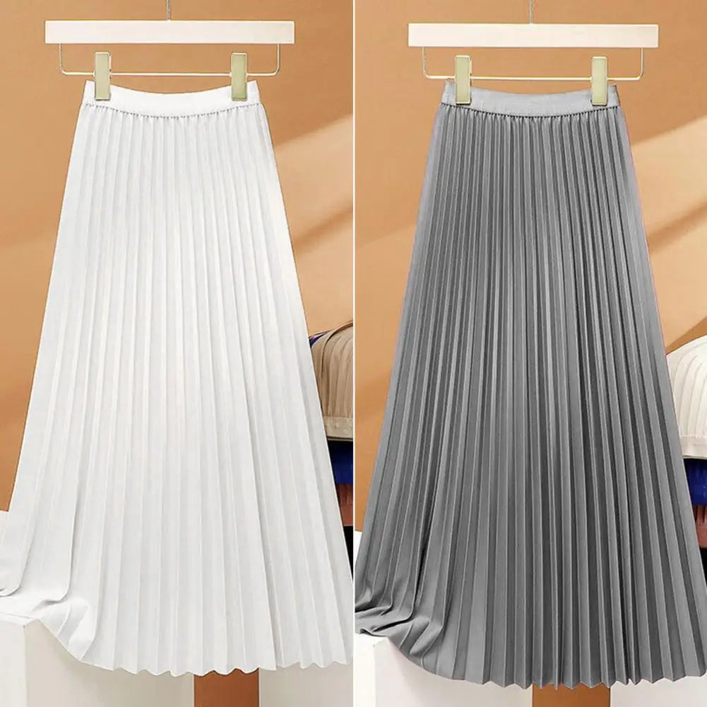 Women Maxi Skirt Casual Elastic High Waist Pleated Skirt Solid Color Smooth Satin A-Line Skirt Women's Clothing For Daily Wear