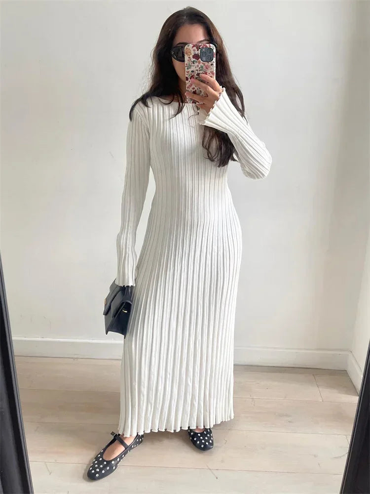 Lace-Up Female Knit Maxi Dress High Waist Fashion Patchwork Long Sleeve Loose Solid Dress Bandage Knitwear Dress