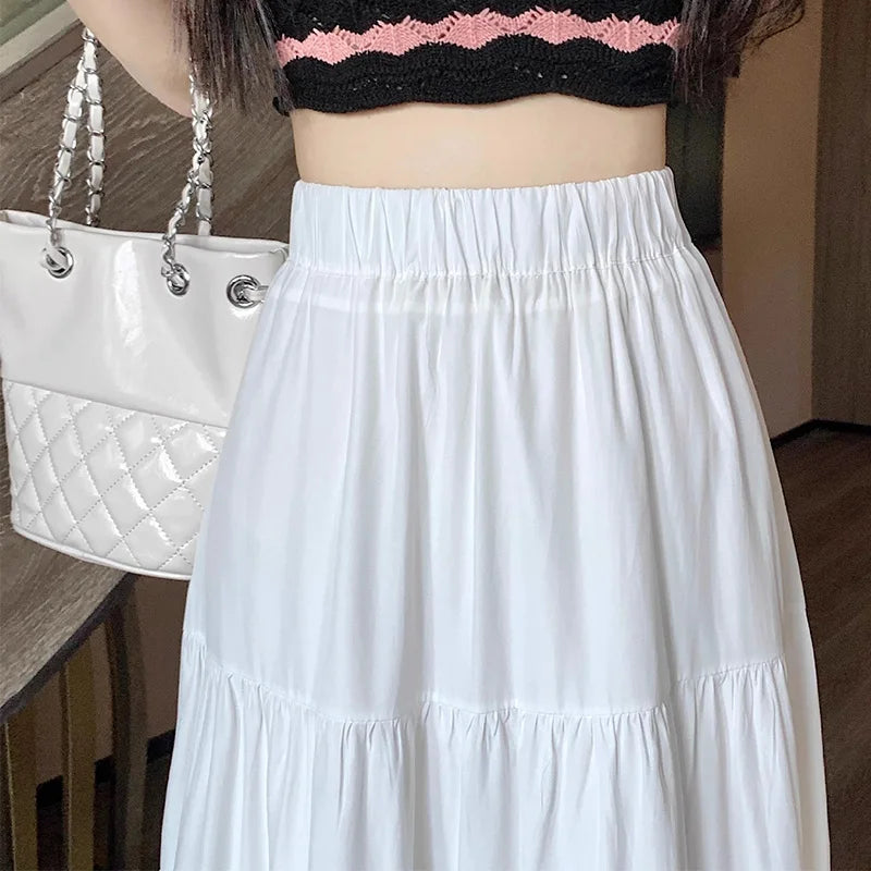 Summer Women High Waist Elastic Patchwork Chic Long Cake A-Line Skirts Casual Elegant All-Match Solid Big Swing Pleated Skirt