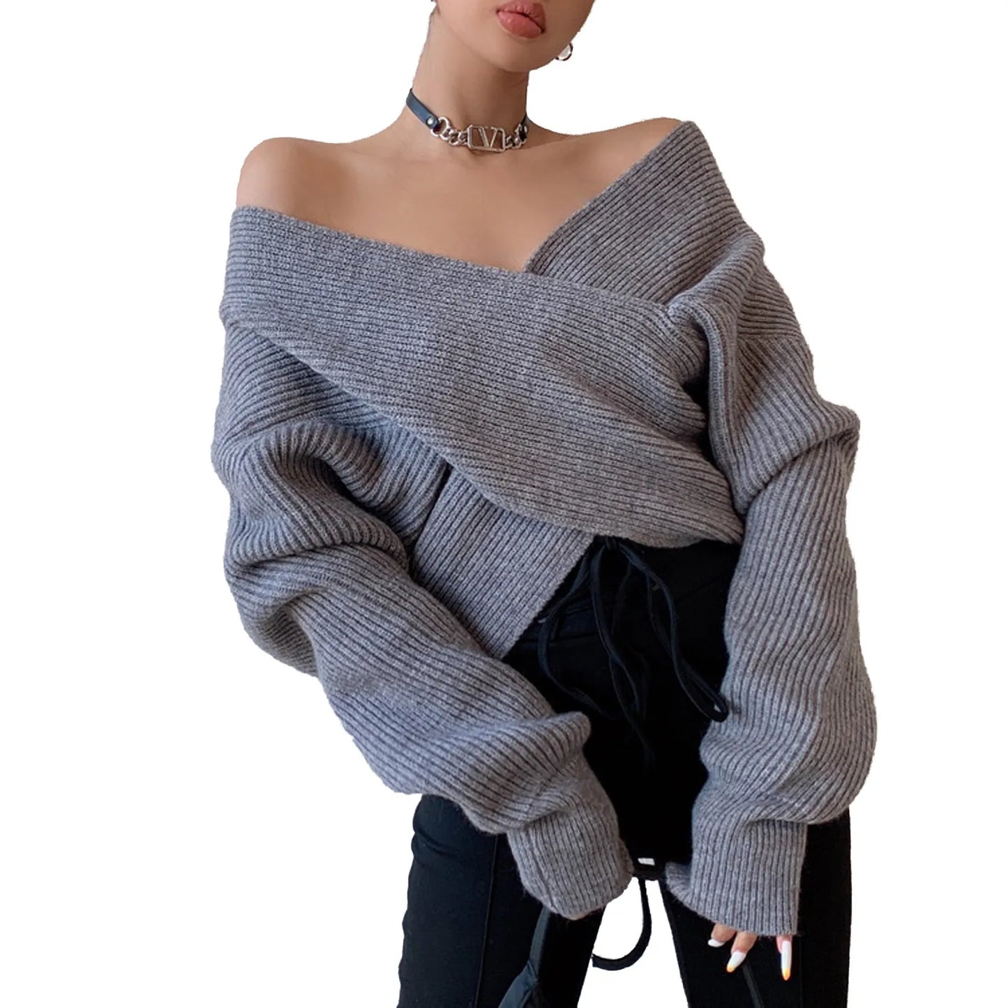 Winter New Cross Knitted Sweater Long Sleeve Sweater Fluffy  Elegant Off Shoulder Knit Thickened Pullover Sweater