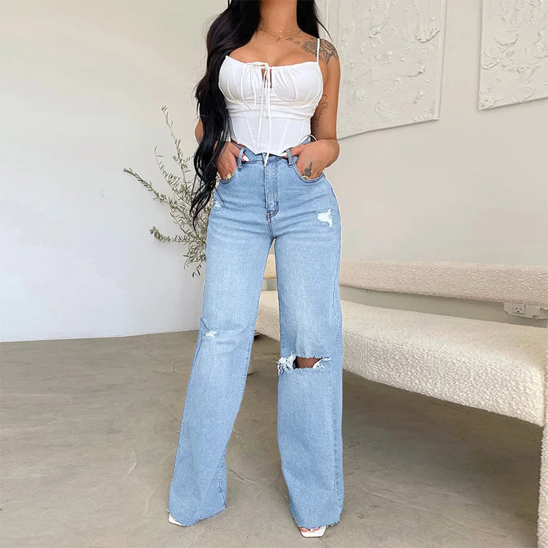 Women Jeans Wide Leg Pants Denim High Waist Zipper Fly Washing Holes Pockets High Street Ankle Length Flash