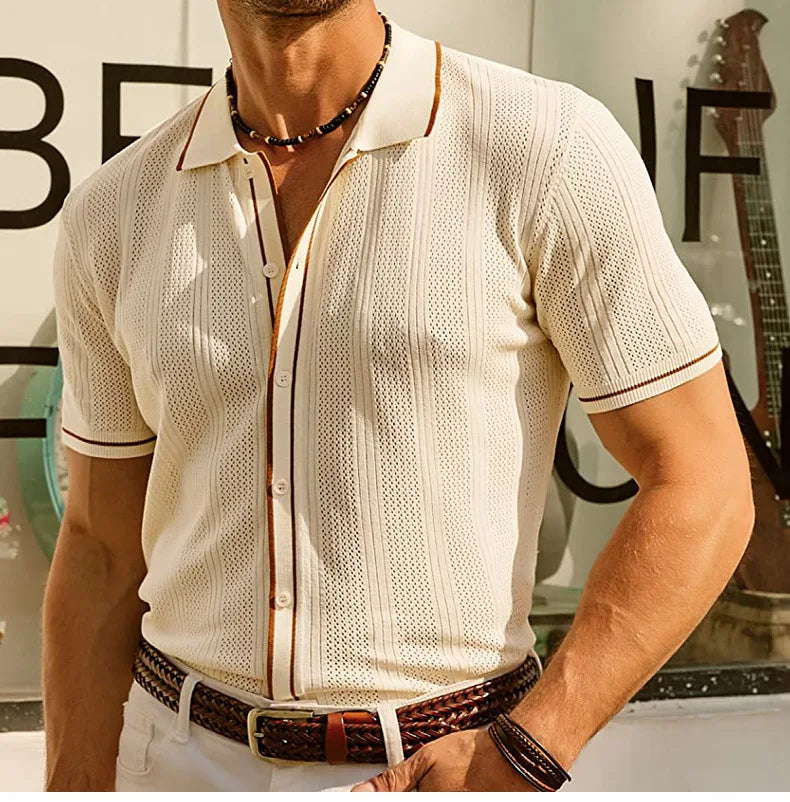 Summer Ice Silk Men Hollow Polo Shirt Breathable Soft Knit Shirt Top Men's Short-sleeved Tee