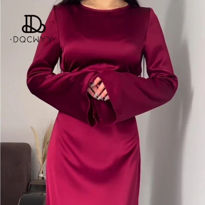 Long Dresses  New Lace Up Waist Slimming Lace Wine Red Color  Sleeved British Style Elegant Dresses for Women