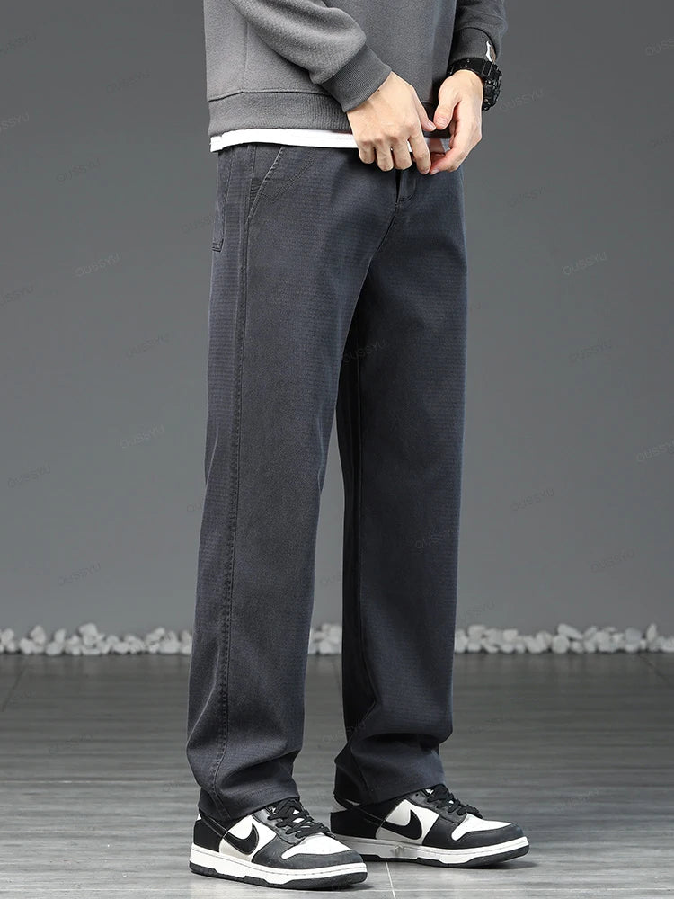 Grey Brown Casual Pants Men Lyocell Fabric Thick Classic Elastic Waist