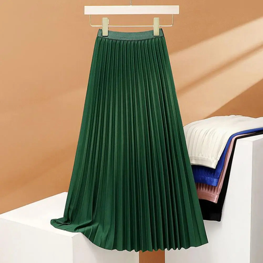 Women Maxi Skirt Casual Elastic High Waist Pleated Skirt Solid Color Smooth Satin A-Line Skirt Women's Clothing For Daily Wear