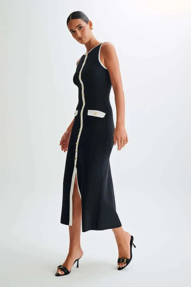 Elegant Knitted Dress For Women Patchwork Pocket Sleeveless High Waist Long Dresses Femme Street Slim Knit Evening Dress