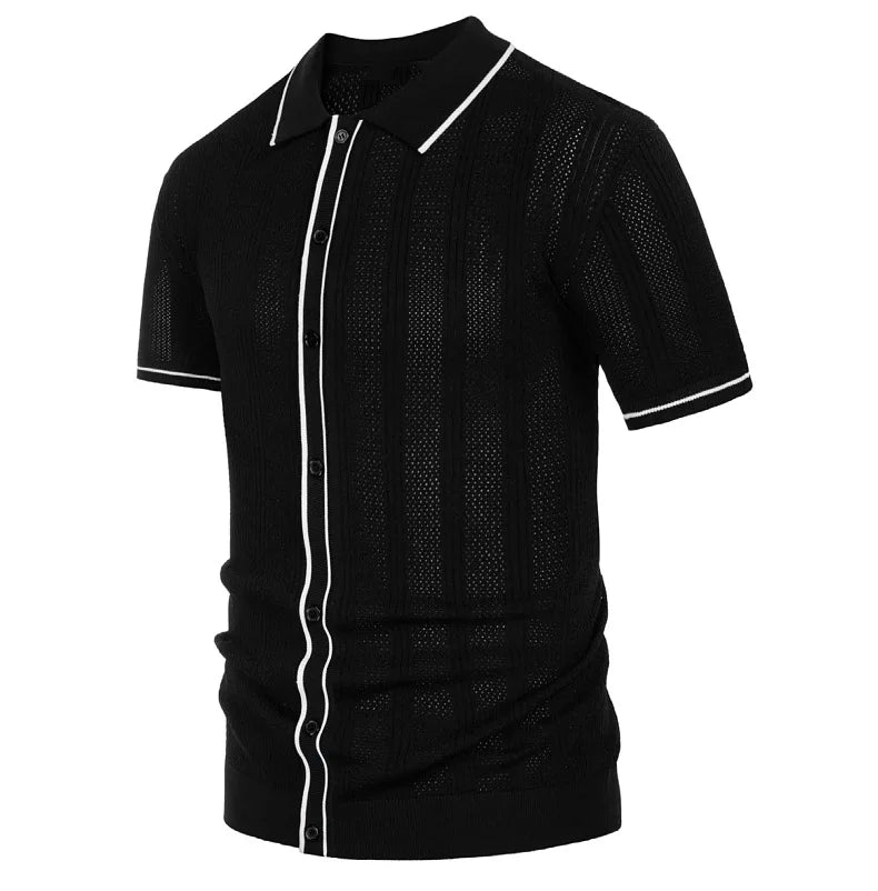 Summer Ice Silk Men Hollow Polo Shirt Breathable Soft Knit Shirt Top Men's Short-sleeved Tee