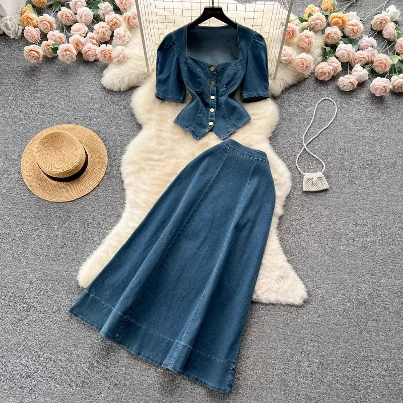 Western Style Denim Dress Set Women Suit New Sexy Retro Square Collar Puff Short Sleeve Shirt Top + High Waist A-line Long Skirt