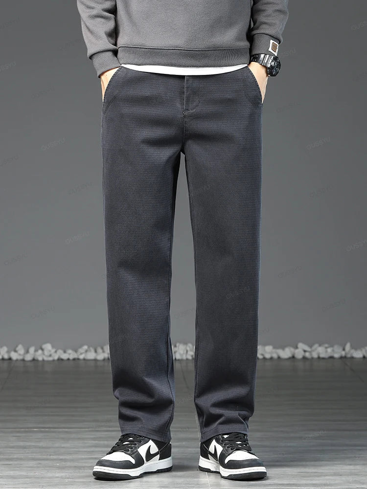 Grey Brown Casual Pants Men Lyocell Fabric Thick Classic Elastic Waist