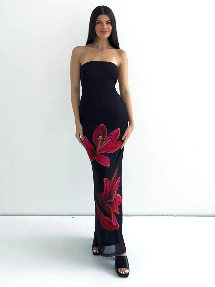 Sleeveless Flower Print Tube  Midi Dress Backless Lace Up Elegant  Outfit Party Club Autumn Winter