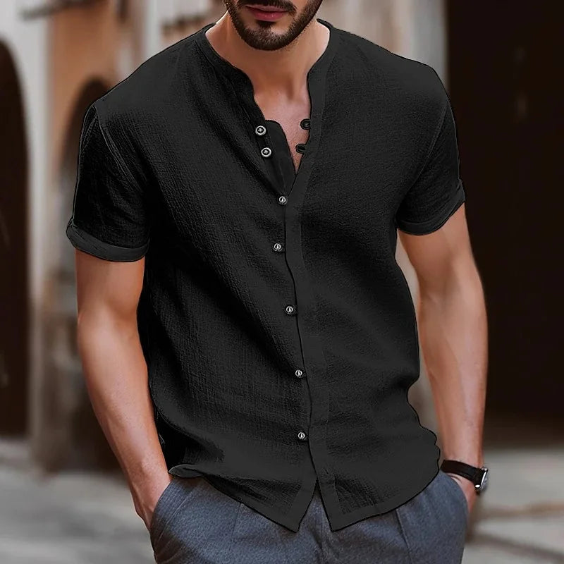 New Style Men's Shirt Summer Fashion Trend Stand-Up Collar Cotton Hemp Button Casual Slim Short Sleeve Top